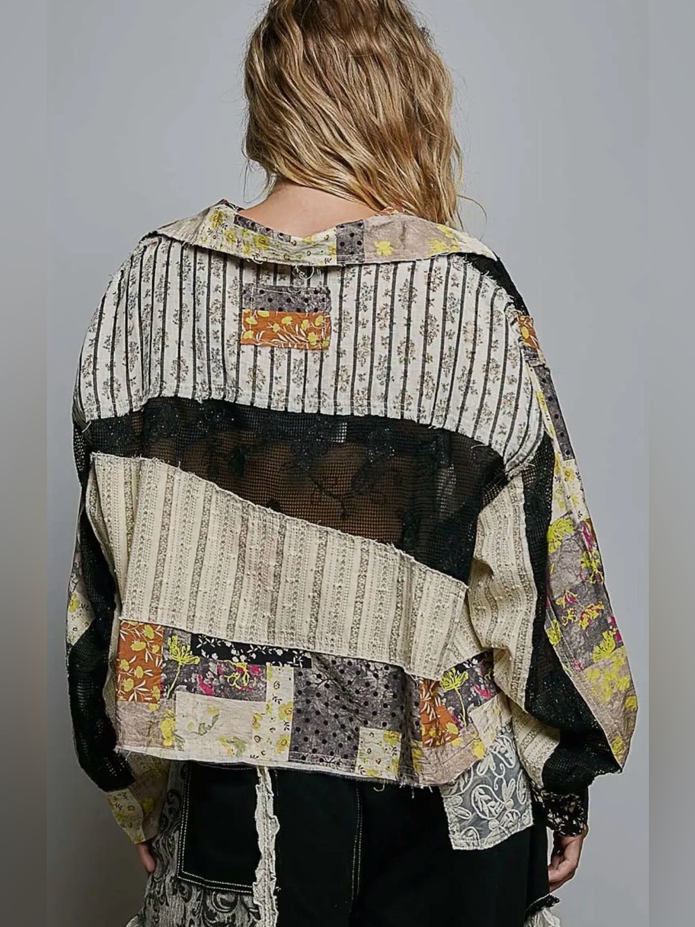 NEW Pol Patchwork Crochet Button-Front Cropped Jacket Shirt - Picture 4 of 6